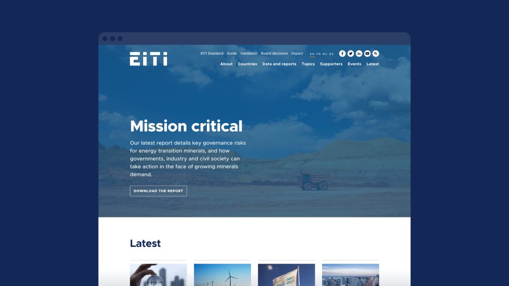 An image showing the top of the new EITI homepage. The text on the hero image reads "Mission Critical"