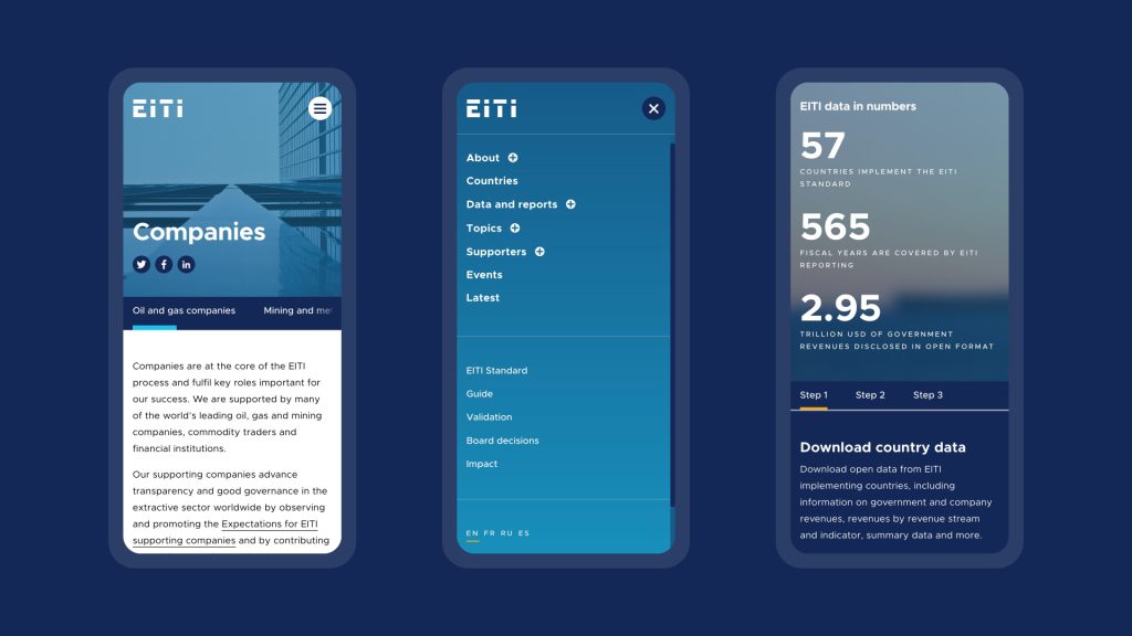 Three mock-up images showing key pages the new EITI website on mobile
