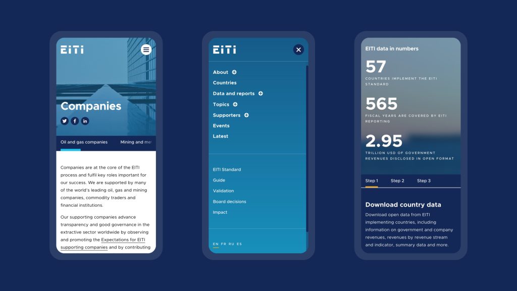 Three mock-up images showing key pages the new EITI website on mobile  