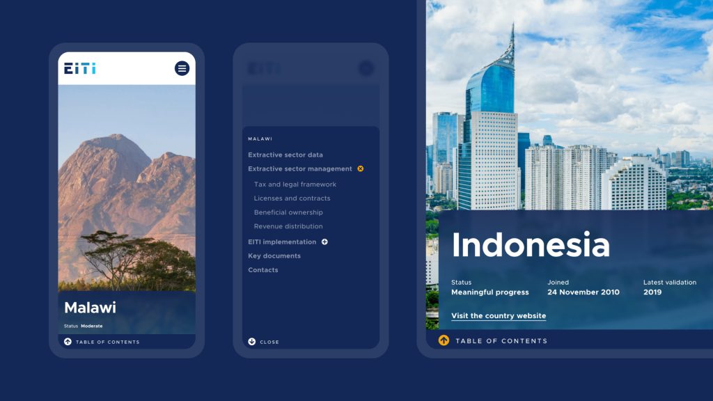 A mock-up of country pages on the new EITI website – for Indonesia and Malawi – shown on mobile 