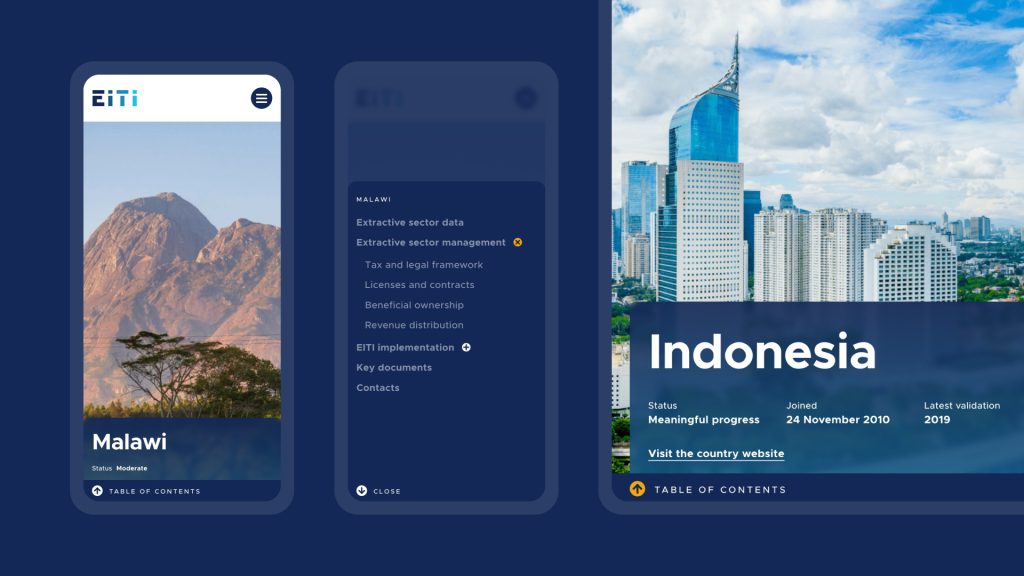 A mock-up of country pages on the new EITI website – for Indonesia and Malawi – shown on mobile