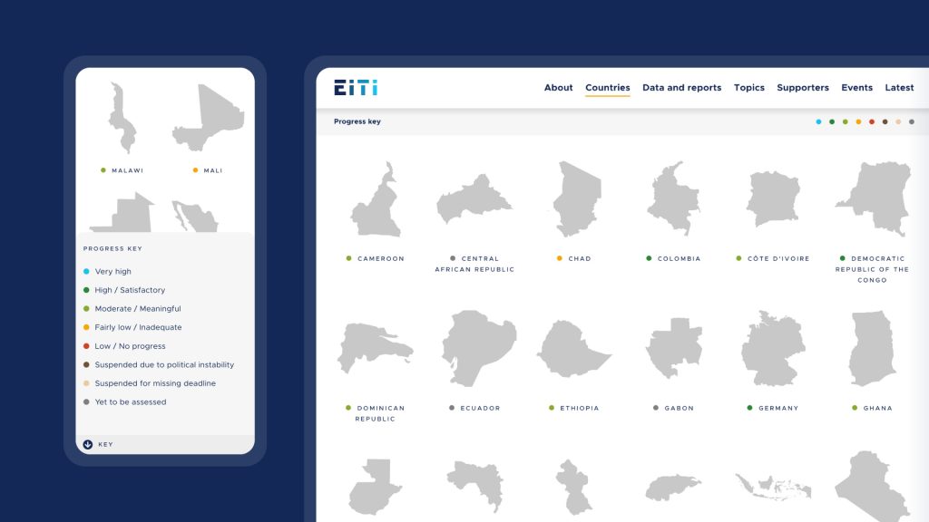 A mock-up of the EITI website showing outlines of various countries together with a progress key