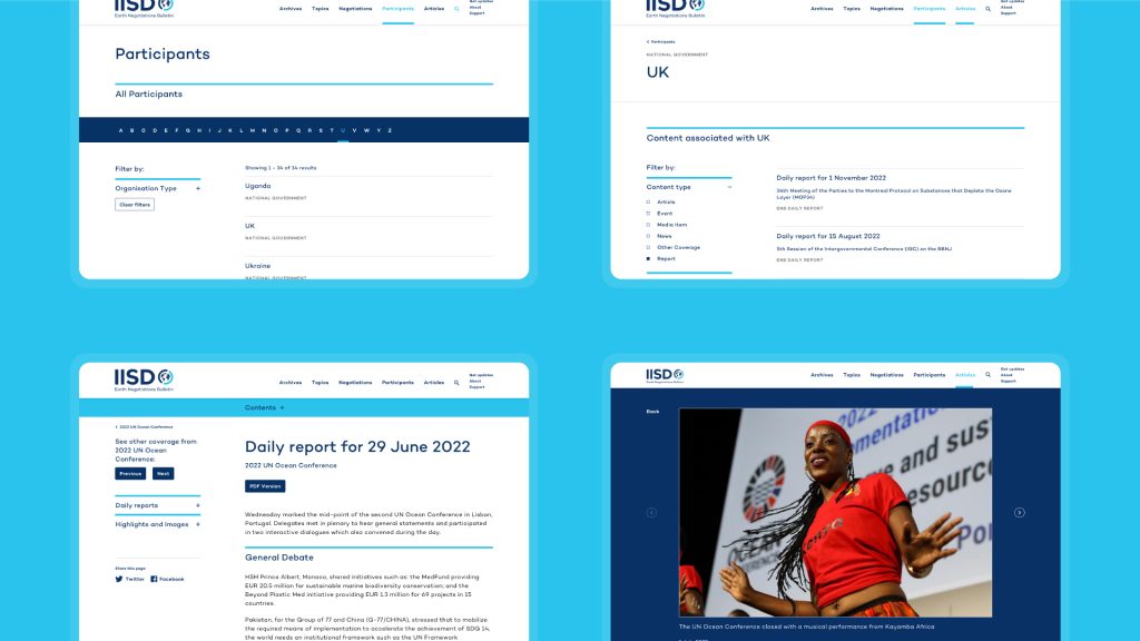 Key pages shown from the new IISD website.