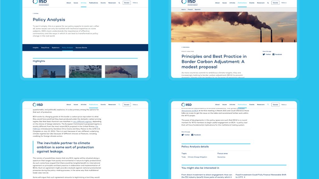 An image showing key pages from the new IISD website.