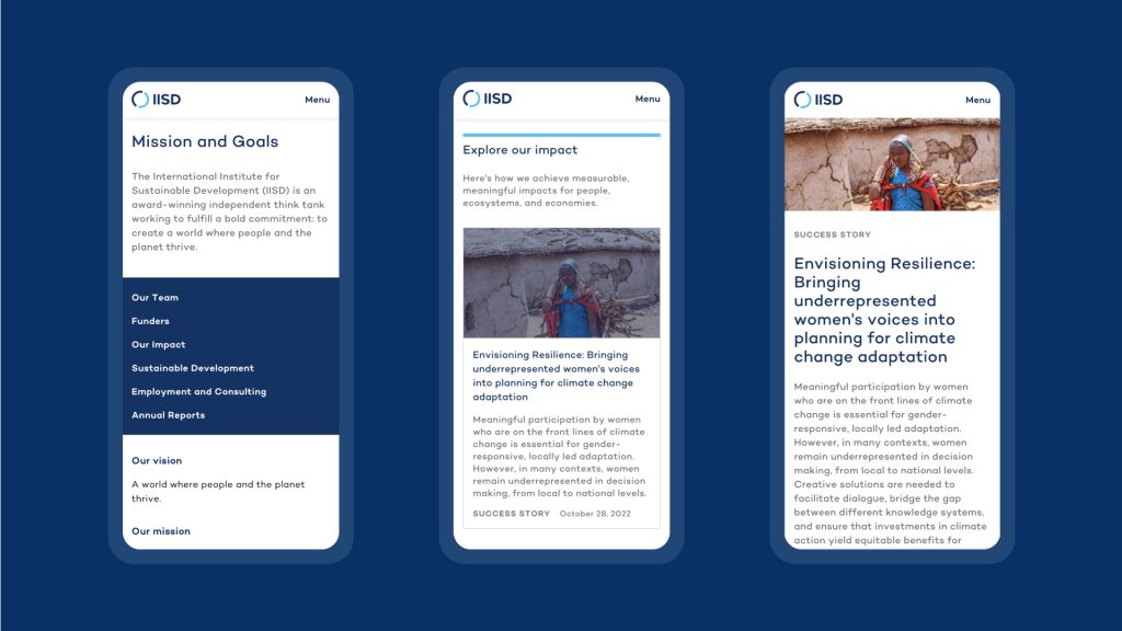 Key pages from the new IISD website mocked up on mobile. 