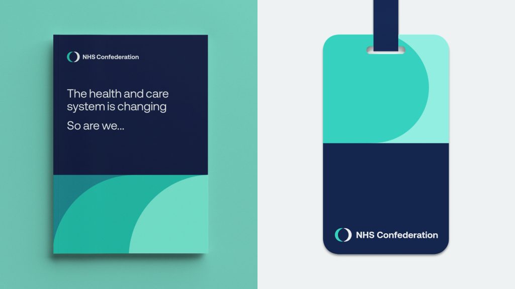 An image showing the cover of a report – reading 'The health and case system is changing. And so are we' – in the new identity. This sits alongside a mock-up of a lanyard with the NHS Confederation logo 