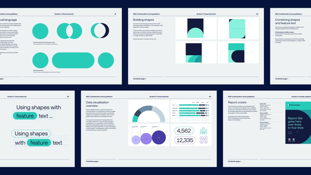 A snapshot of the brand guidelines, showing how shapes can be built and an overview of a data visualisation approach 