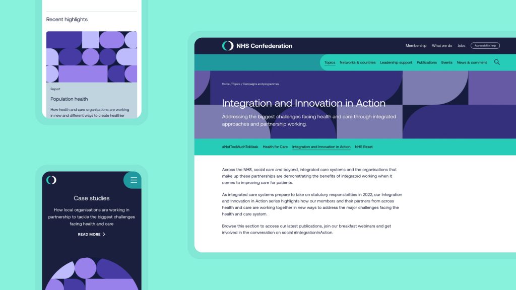 A mock-up of the new NHS Confederation website on desktop and mobile. The section show is 'Integration and Innovation in Action'