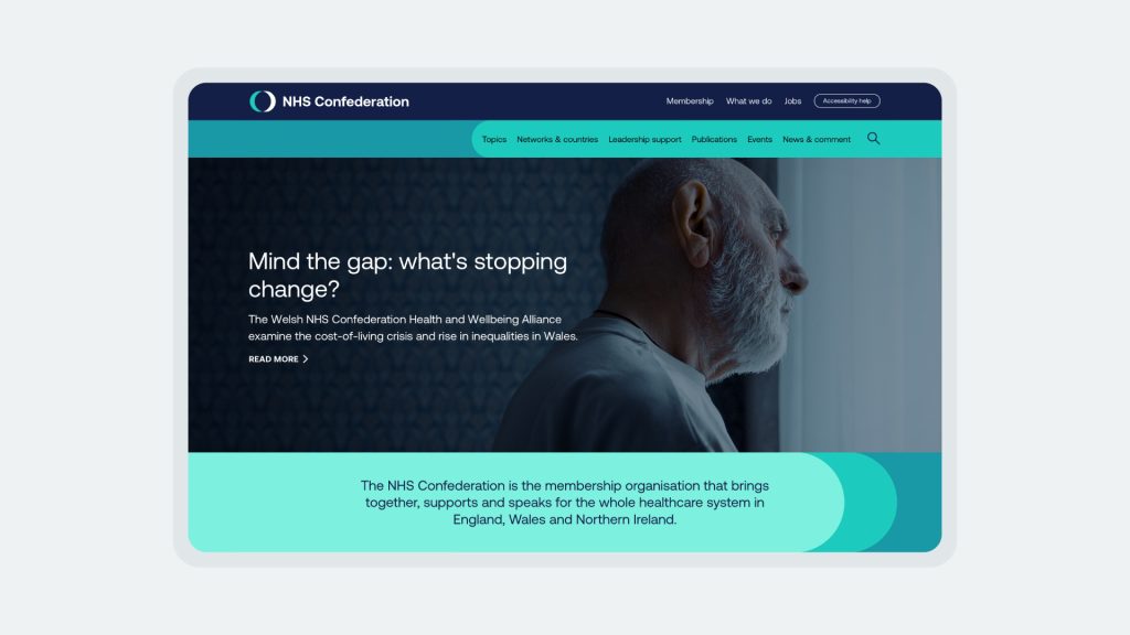 A mock-up of the NHS Confederation homepage. The text on the banner image reads 'Mind the gap: what's stopping change?'