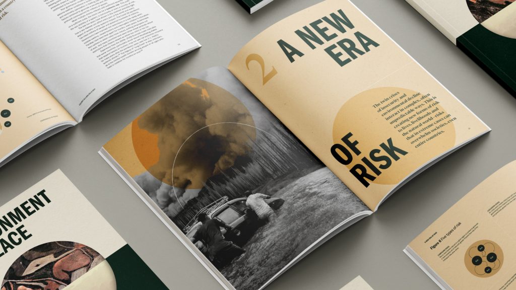 Inside pages from the report showing a particular chapter – A new era of risk.