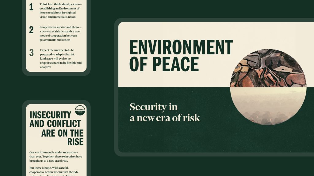 A mock-up of the Environment of Peace Website on desktop and mobile