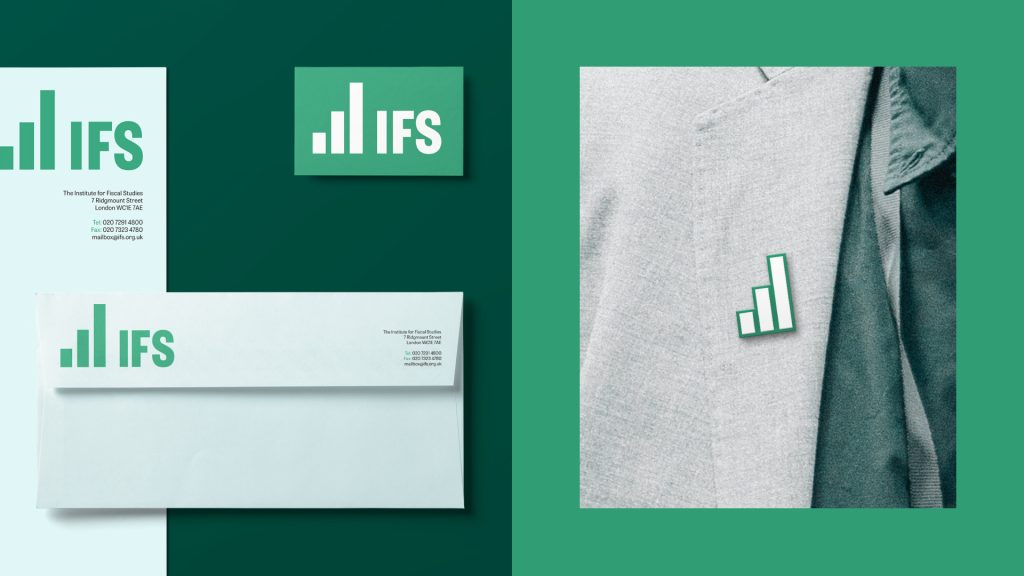 Collage of images showing the updated IFS branding and logo in various contexts: an envelope, letterhead and lapel pin.