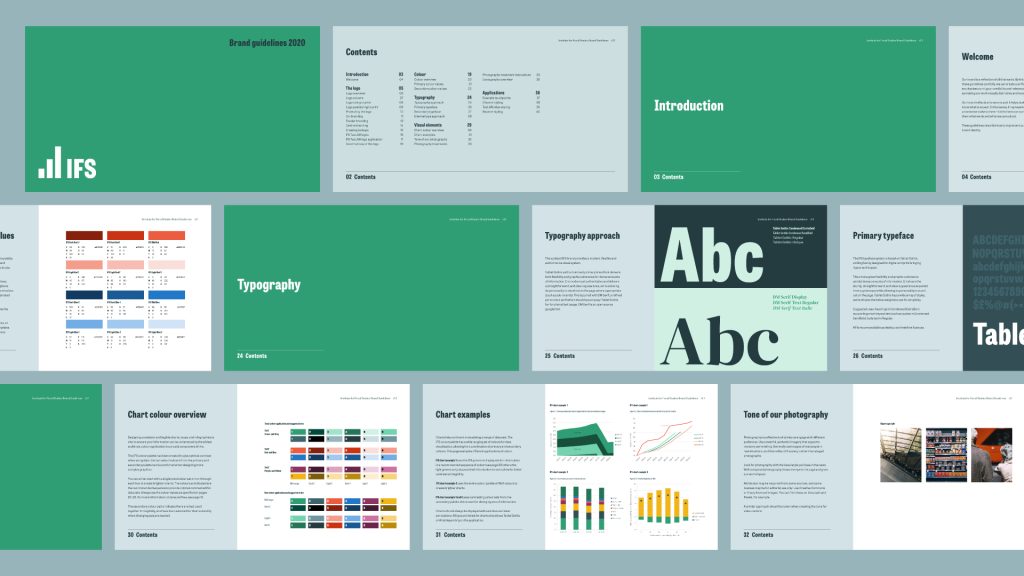 A collage of 10 images, each a separate page from the updated IFS brand guidelines - includes chart examples and style, typography, photography, colours and so on.