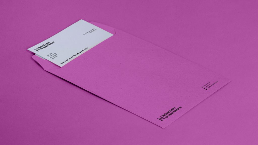 An envelope and letterhead in the style of the new NatCen identity