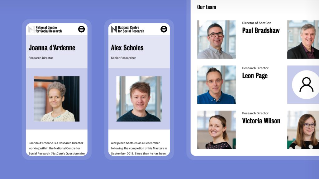 Photography of NatCen staff shown in the context of the website