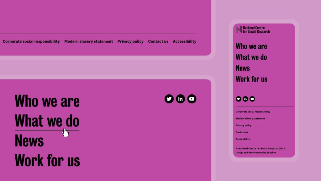 A close-up of the new menu of the NatCen website – who we are, what we do, news and work for us