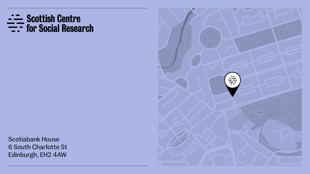 Illustrated map showing the logo and location for the Scottish Centre for Social Research