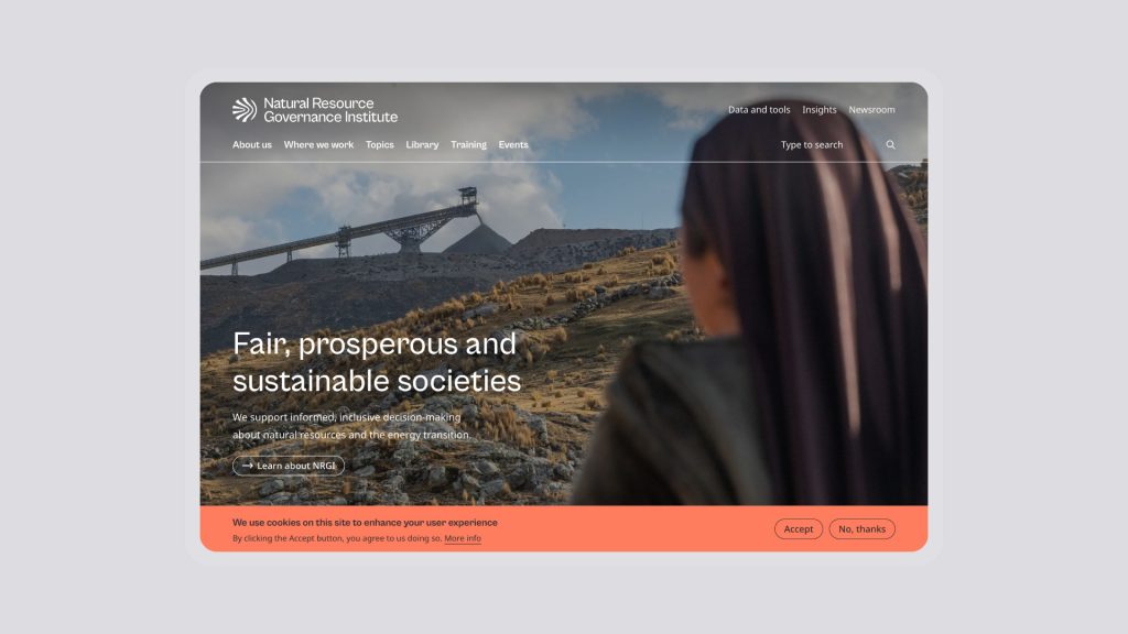 The homepage of the new NRGI website. The text on the hero image reads "Fair, prosperous and sustainable societies"