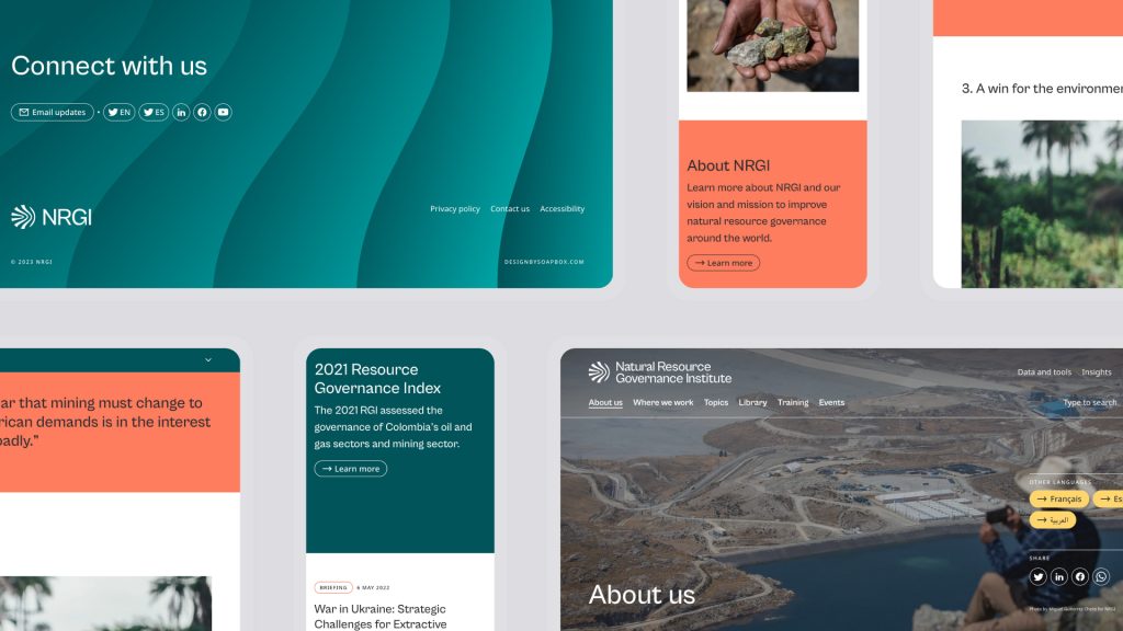 Mock-ups of key pages and features from the new NRGI website shown on desktop and mobile devices