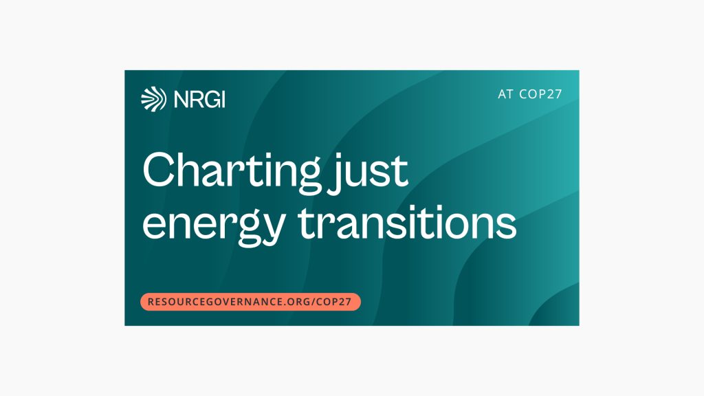 White text on a patterned green background that reads "Charting just energy transitions". The mock-up relates to an event at COP27.