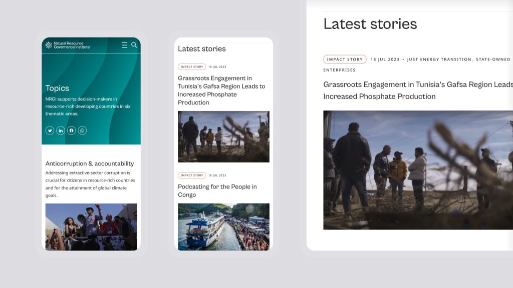 Key pages of the new NRGI website shown on desktop and mobile devices.