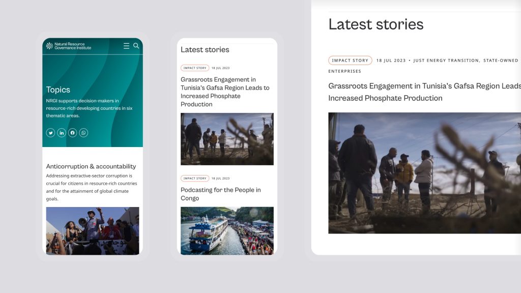 Key pages of the new NRGI website shown on desktop and mobile devices. 